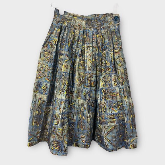 Vintage Doris Dodson Juniors 22" Waist Blue Gold A Line Poplin Metallic Skirt - Picture 3 of 9